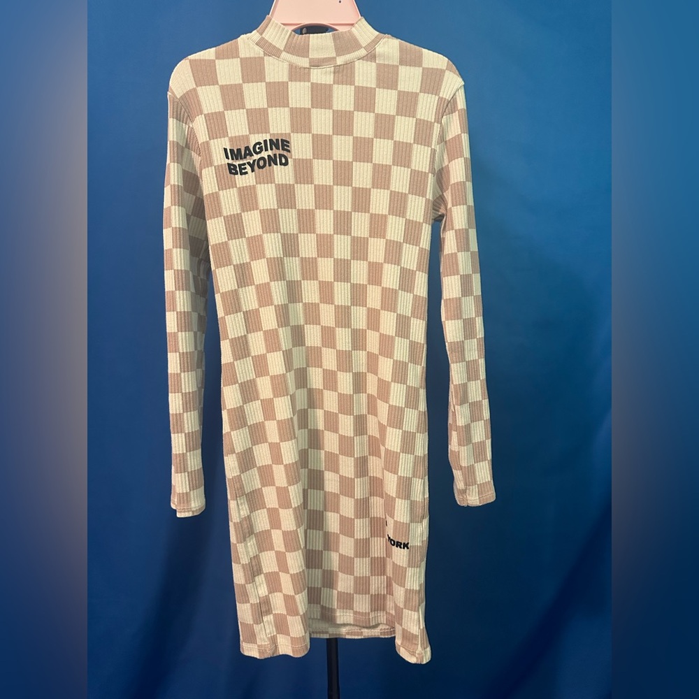 Zara Tan and Cream Long Sleeve Dress with Checkerboard Pattern